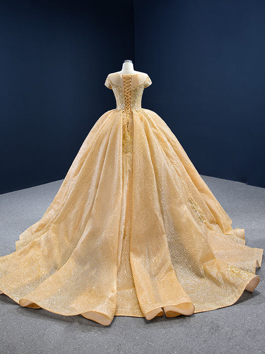 Luxury Model Gold Scoop Neck Applique Ball Gown Quinceanera Dress 67217