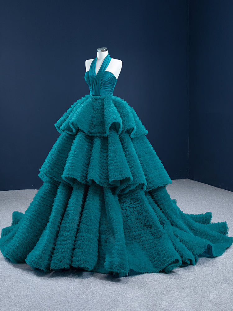 Luxury Model Holter Neck Tiered Tull Ball Gown Quinceanera Dress 67232
