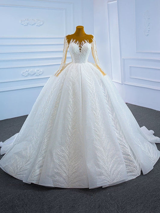 Luxury Model Ball Gown Wedding Dresses Long Sleeve Lace Up Bridal Dress 67235