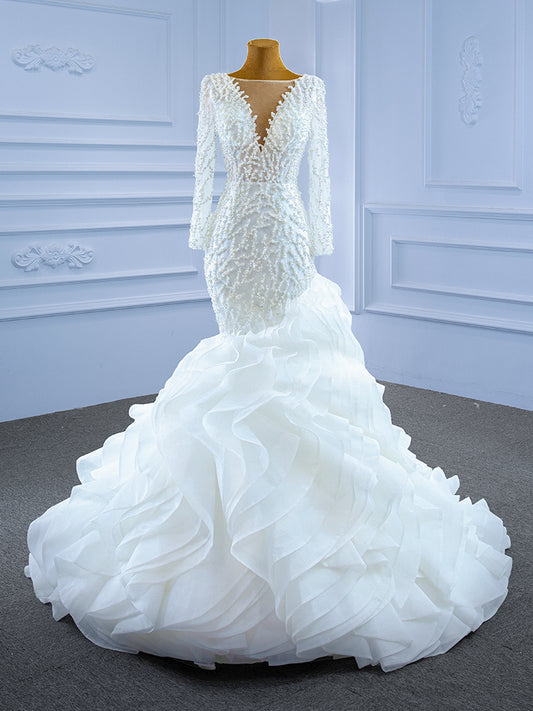 Luxury Model Scoop Neck Long Sleeve Mermaid Wedding Dress 67269