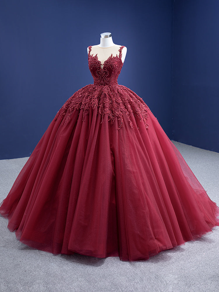 Luxury Model Burgundy Sleeveless Beading Tull Ball Gown Quinceanera Dress 67319