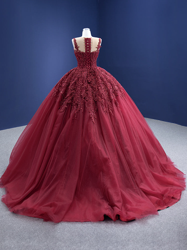 Luxury Model Burgundy Sleeveless Beading Tull Ball Gown Quinceanera Dress 67319