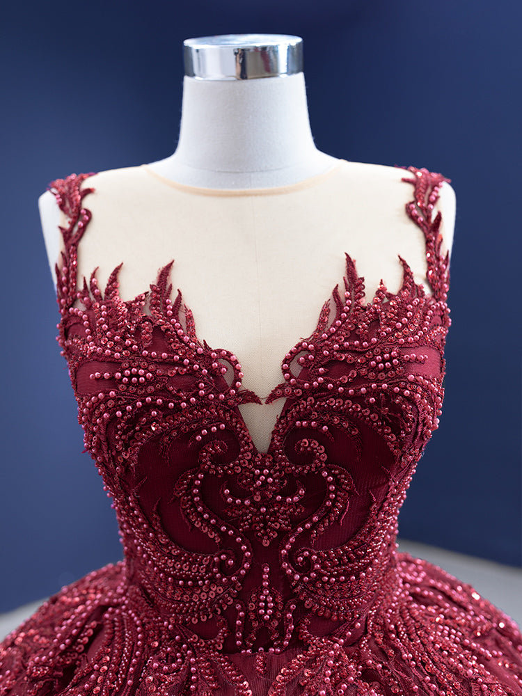Luxury Model Burgundy Sleeveless Beading Tull Ball Gown Quinceanera Dress 67319