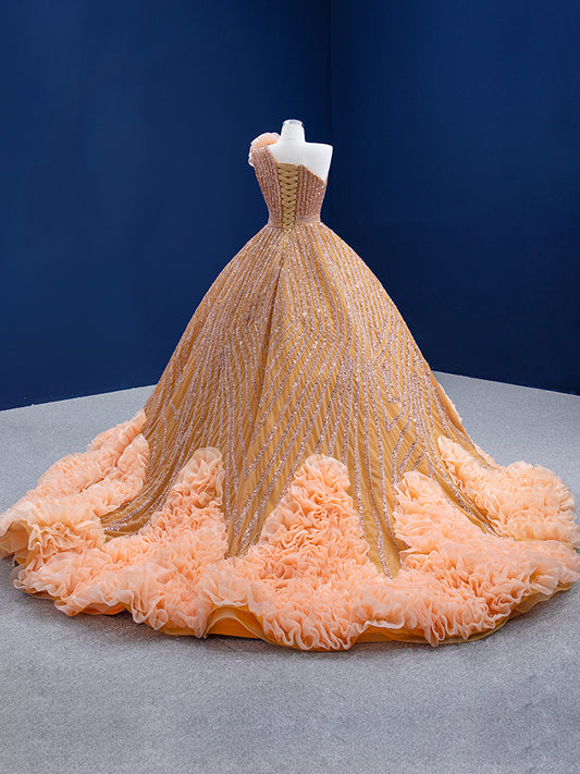 Luxury Model Orange Sleeveless Reffles Ball Gown Prom Dress 67358
