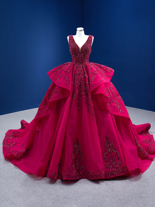 Luxury Model V Neck Sleeveless Tiered Beading Formal Prom Dress Evening Gown 67376