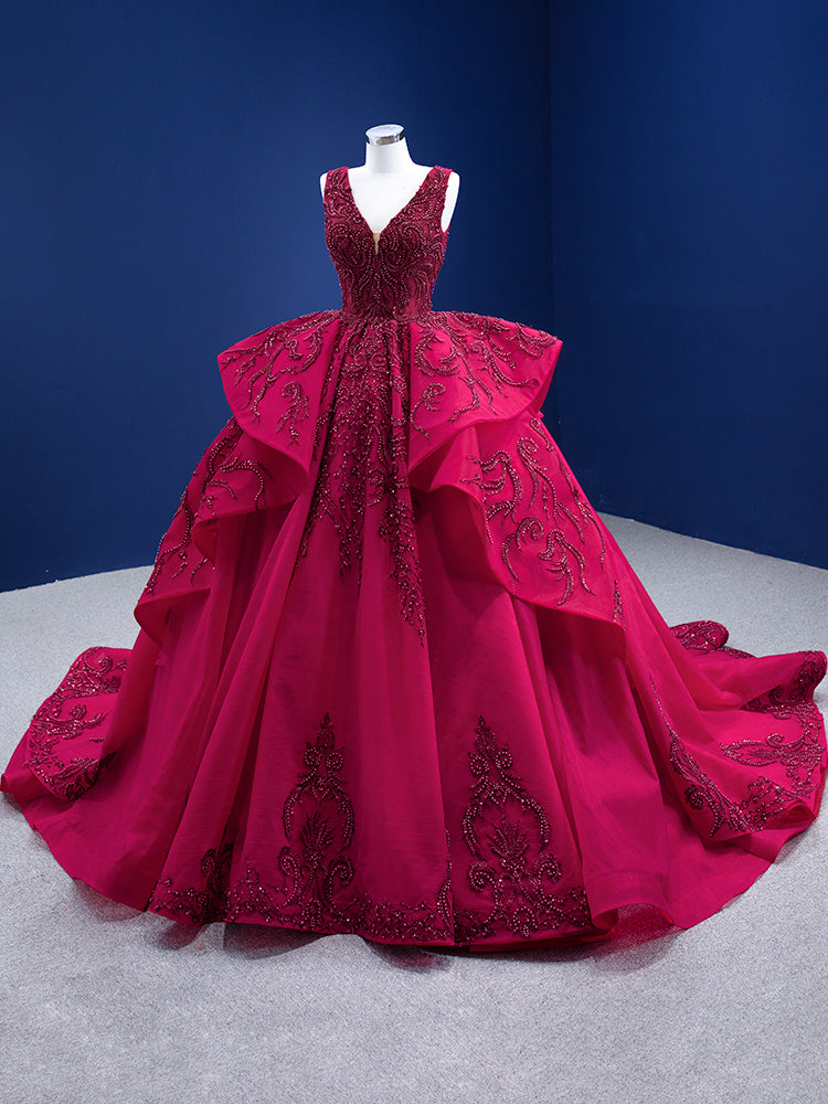 Luxury Model V Neck Sleeveless Tiered Beading Formal Prom Dress Evening Gown 67376