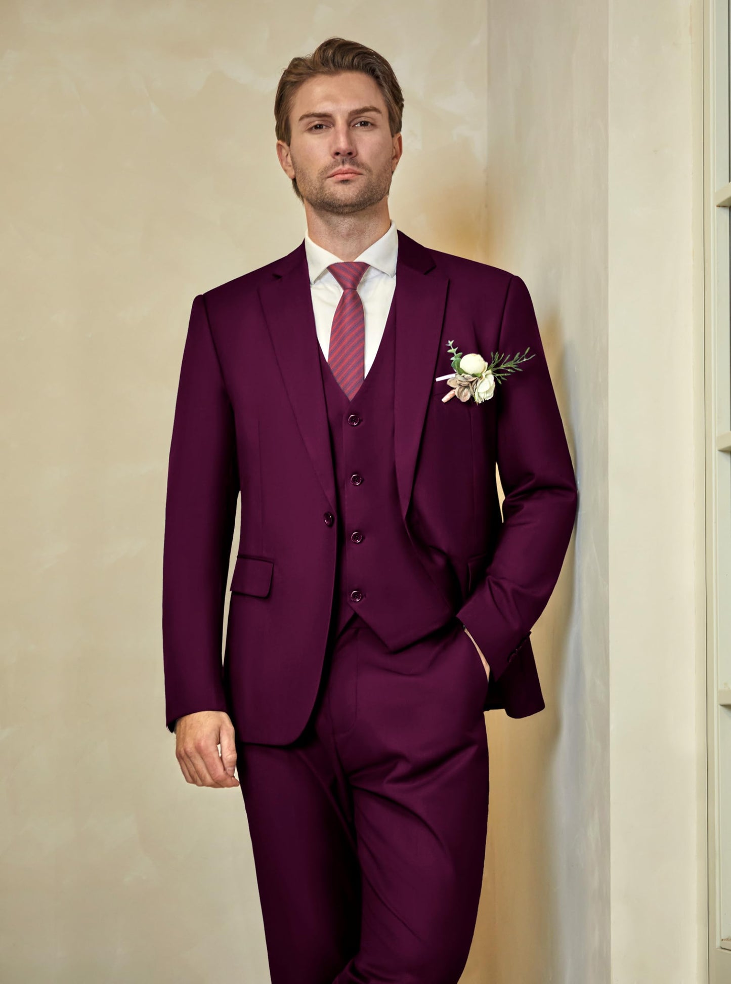 Men’s Slim Fit Suit One Button 3-Piece Blazer Dress Business Wedding Party Jacket Vest & Pant