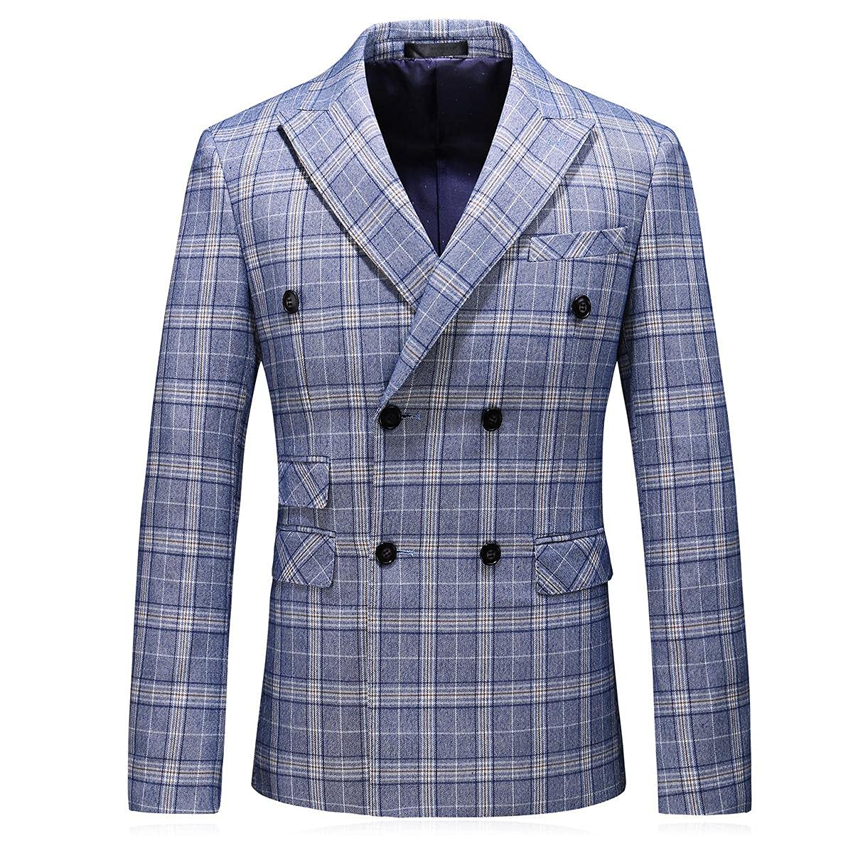 Mens Plaid 3 Piece Suits Slim Fit Double Breasted Plaid Suit Jacket Vest Pants Set Formal