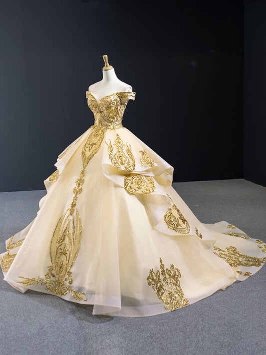 Luxury Model Gold Sleeveless Long Ball Gown Wedding Dress 67024