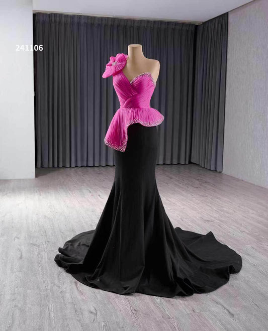 Luxury Model Hot Pink Black Mermaid Evening Dress Party Gown 241106