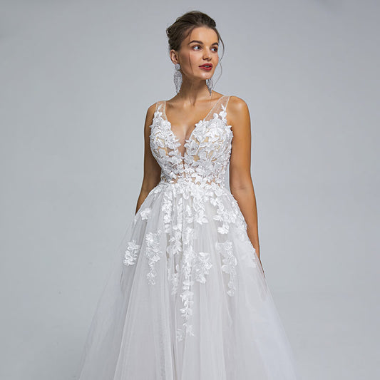 Simple V Neck Applique Sleeveless A Line Wedding Dress ST002