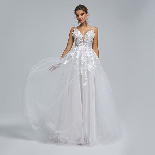 Simple V Neck Applique Sleeveless A Line Wedding Dress ST002