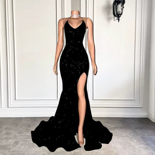Sexy Black Halter Sleeveless Long Mermaid Prom Dress XY0053