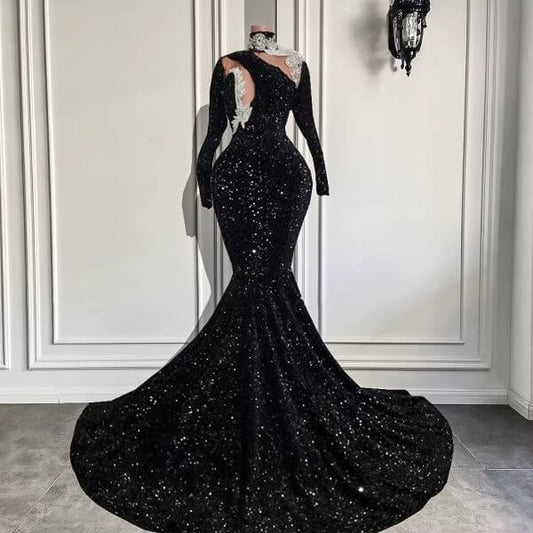 Sexy Black High Neck Long Sleeve Mermaid Prom Dress XY0055
