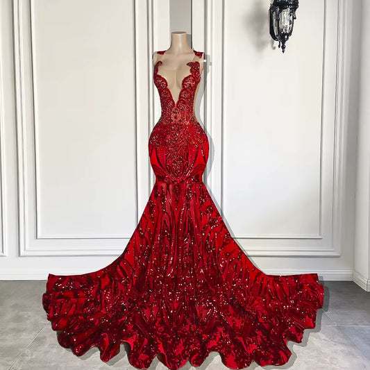 Red ScoopNeck Beading Long Mermaid Prom Dress XY0016