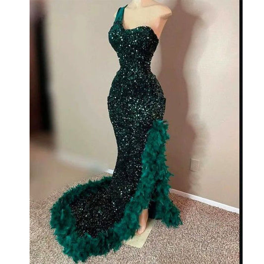 Luxury Model Green Feather Sequin Velvet Fabric Mermaid Prom Dress XY002