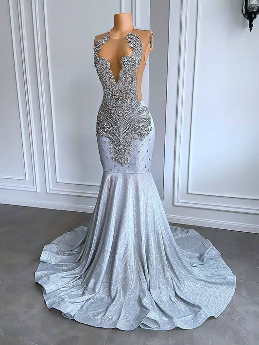 Sliver O Neck Beading Sleeveless Long Mermaid Prom Dress XY0020