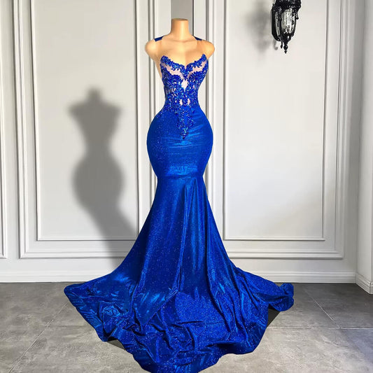 Royal Blue Beaded Sleeveless Long Mermaid Prom Dress XY0027