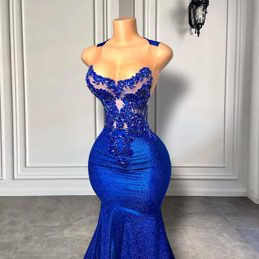 Royal Blue Beaded Sleeveless Long Mermaid Prom Dress XY0027