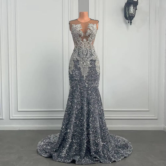 Sliver Beading Sleeveless Sweep Strain Long Prom Dress XY0033