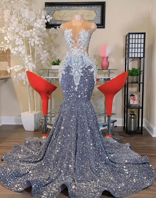 Sliver Beading Sleeveless Sweep Strain Long Prom Dress XY0033