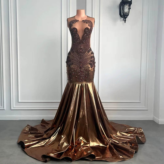 Brown Beaded Sleeveless Long Mermaid Prom Dress XY0038