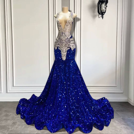 Royal Blue Beaded Sleeveless Long Mermaid Prom Dress XY0039