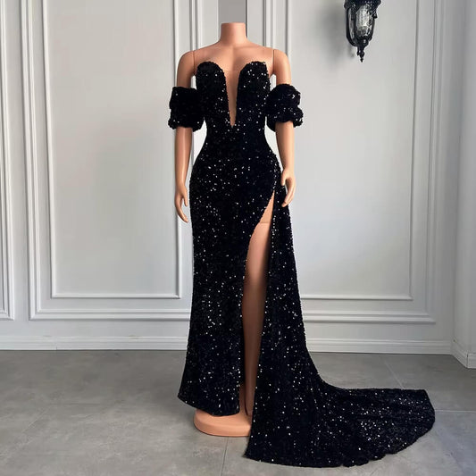 Sparkly Red Sequin Velvet Long Split Mermaid Prom Dress XY0042