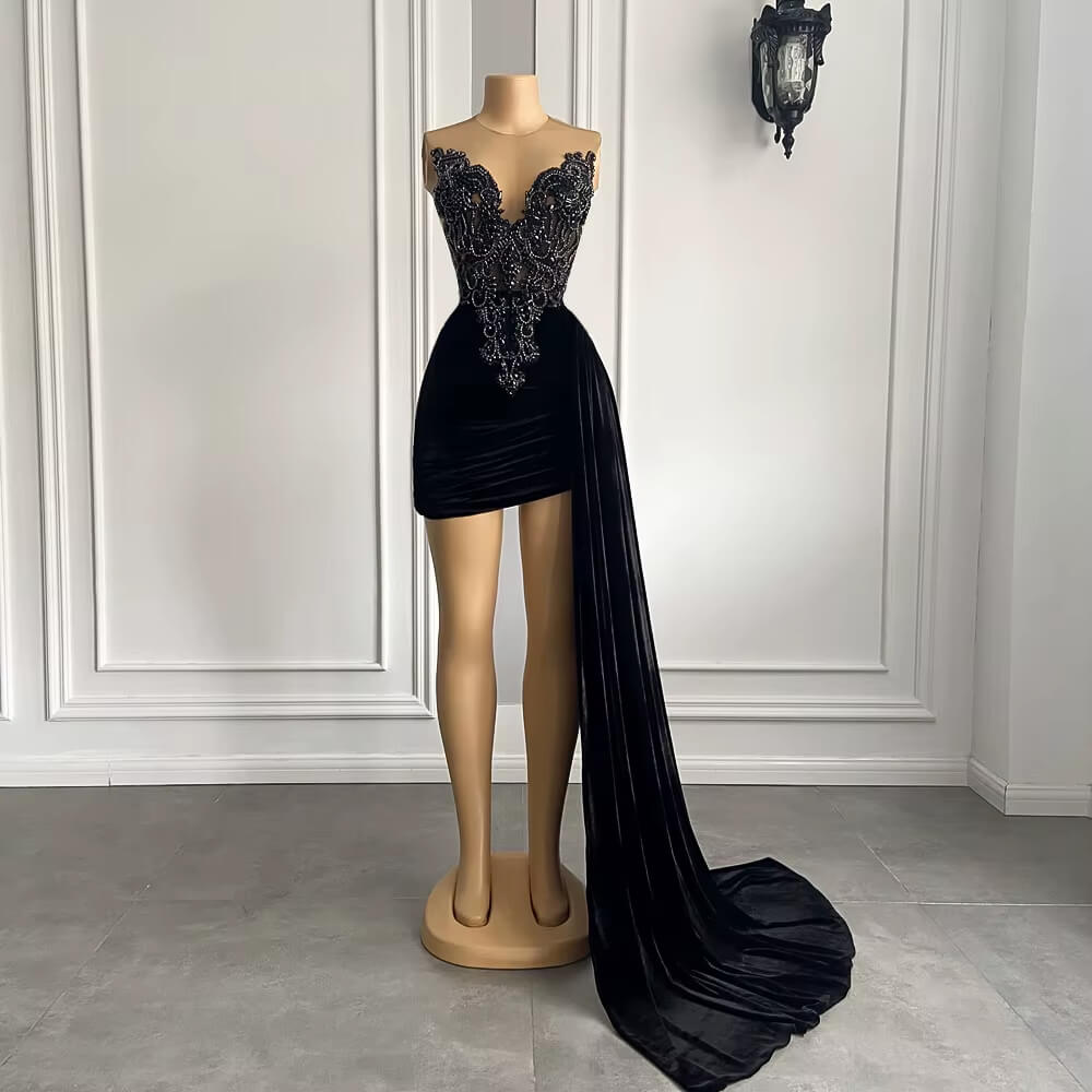 Black Velvet Applique Beading Sleeveless Short Prom Dress XY0044