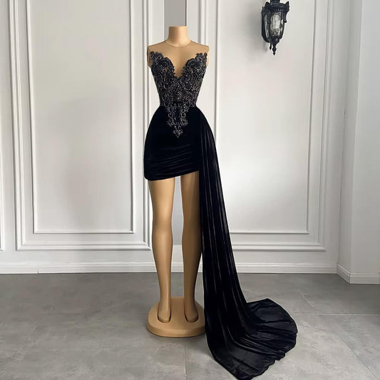 Black Velvet Applique Beading Sleeveless Short Prom Dress XY0044