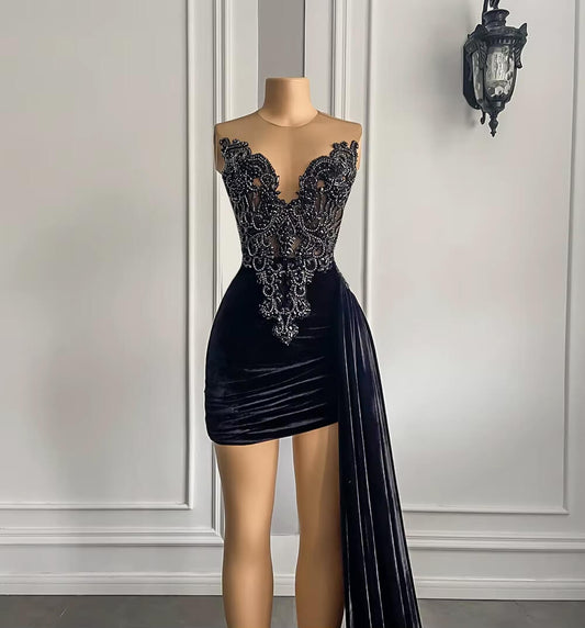 Black Velvet Applique Beading Sleeveless Short Prom Dress XY0044