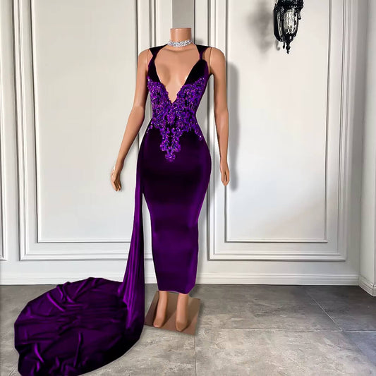 Sexy Purple Beaded Sleeveless Long Mermaid Prom Dress XY0052