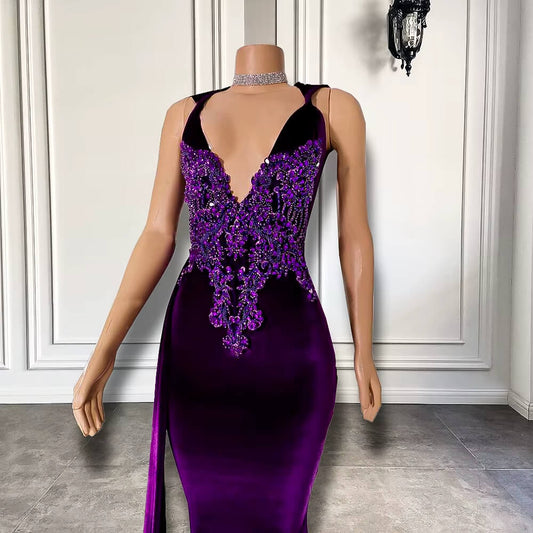 Sexy Purple Beaded Sleeveless Long Mermaid Prom Dress XY0052