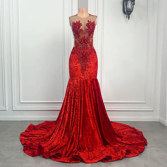 Sexy Red Beaded Sleeveless Long Mermaid Prom Dress XY0054