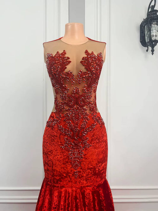 Sexy Red Beaded Sleeveless Long Mermaid Prom Dress XY0054