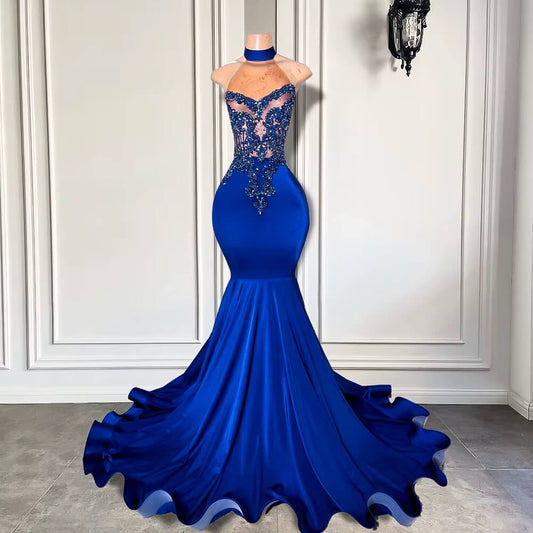 Sexy Blue Beading Sleeveless Mermaid Long Prom Dress XY0062
