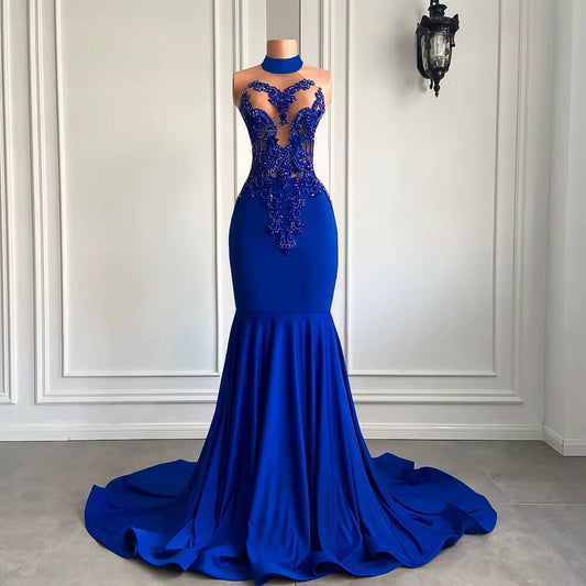 Sexy Blue Beading Sleeveless Mermaid Long Prom Dress XY0062