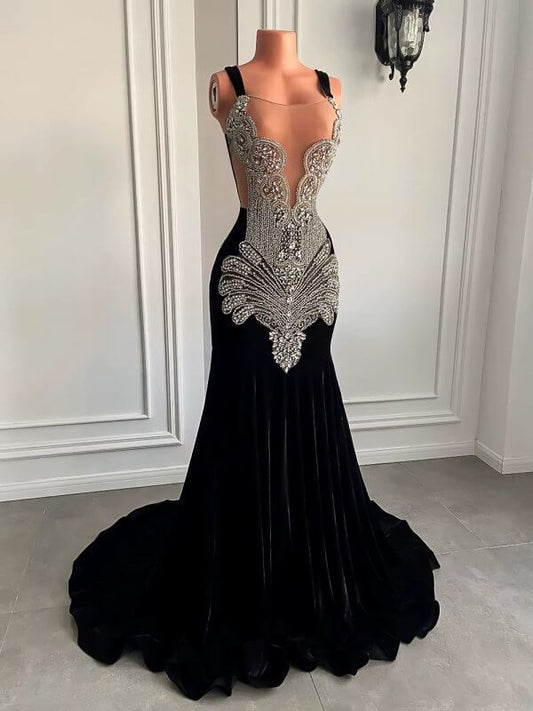 Black Scoop Neck Beading Long Mermaid Prom Dress XY0023