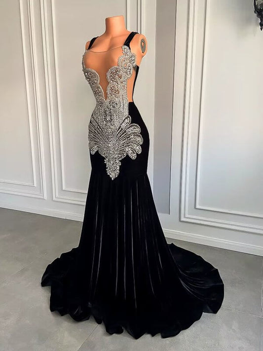 Black Scoop Neck Beading Long Mermaid Prom Dress XY0023