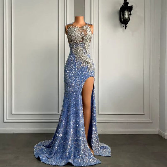 Blue Beaded Sleeveless Split Long Mermaid Prom Dress XY0028