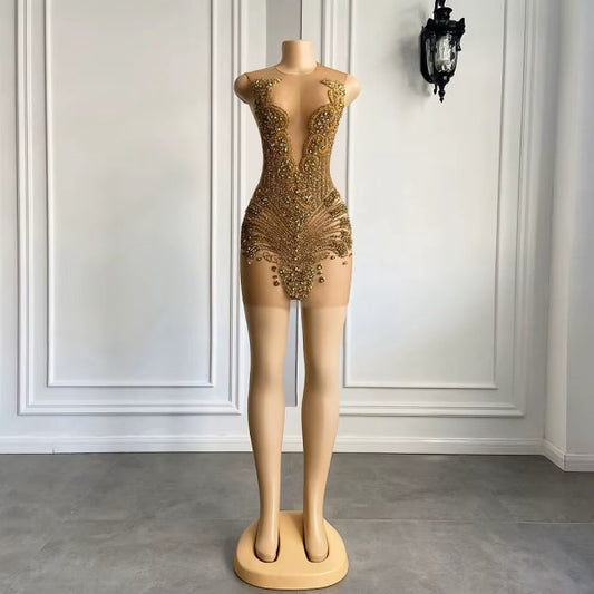 Gold Scoop Neck Beading Short Mermaid Prom Dress XY0018