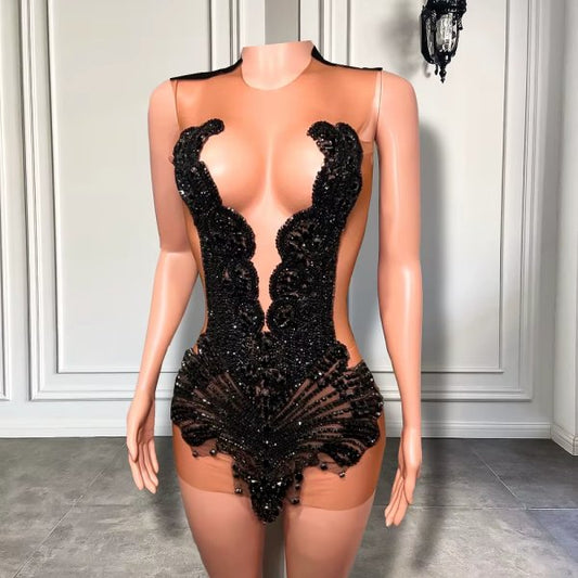 Gold Scoop Neck Beading Short Mermaid Prom Dress XY0018