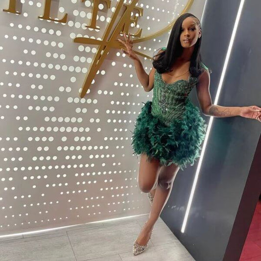 Green Beading Sleeveless Feather Short Prom Dress XY0046