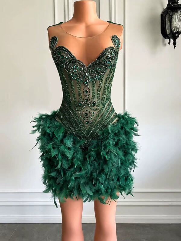 Green Beading Sleeveless Feather Short Prom Dress XY0046