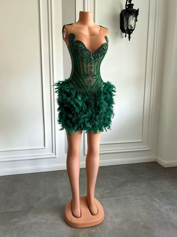 Green Beading Sleeveless Feather Short Prom Dress XY0046