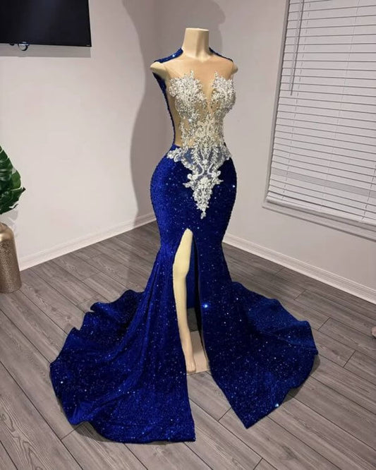 Royal Blue Beaded Sleeveless Split Long Mermaid Prom Dress XY0025