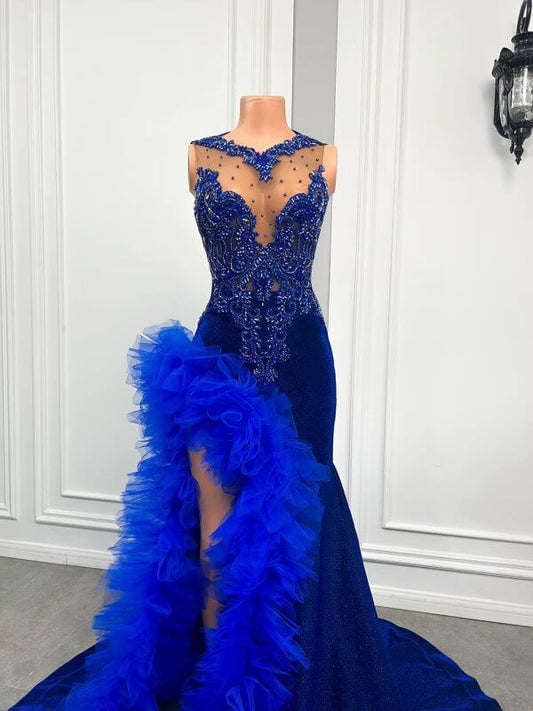 Royal Blue Beaded Sleeveless Velvet Split Long Mermaid Prom Dress XY0035