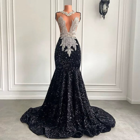 Sexy Black Beaded Sleeveless Long Mermaid Prom Dress XY0050