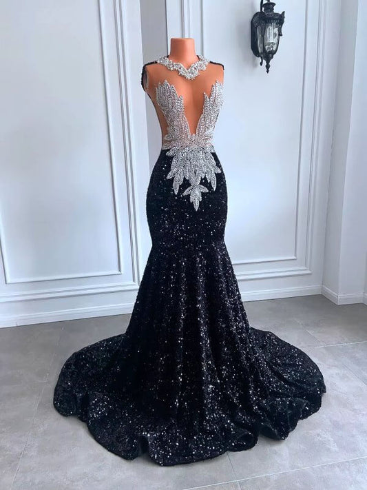 Sexy Black Beaded Sleeveless Long Mermaid Prom Dress XY0050