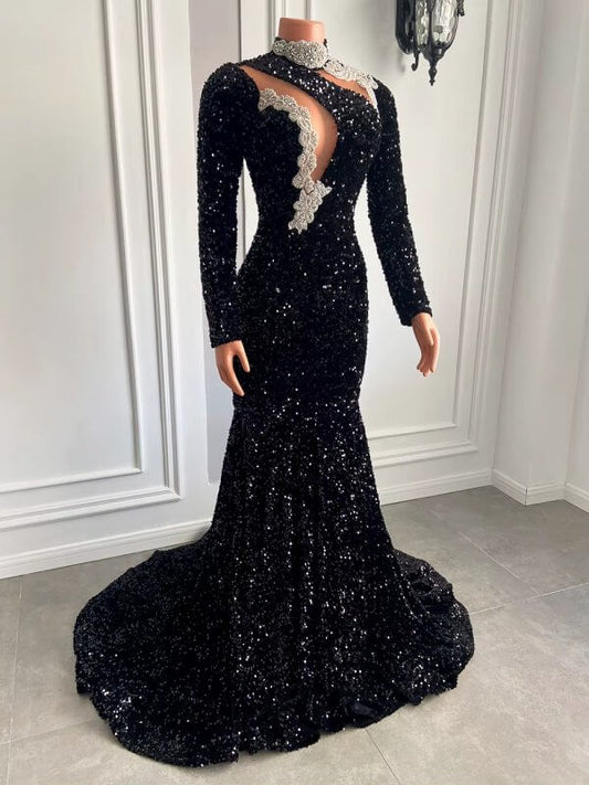 Sexy Black High Neck Long Sleeve Mermaid Prom Dress XY0055